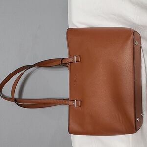 Bromen Leather?? Purse Caramel Brown Footed Extra Bag Zips 16x10" GUC‎